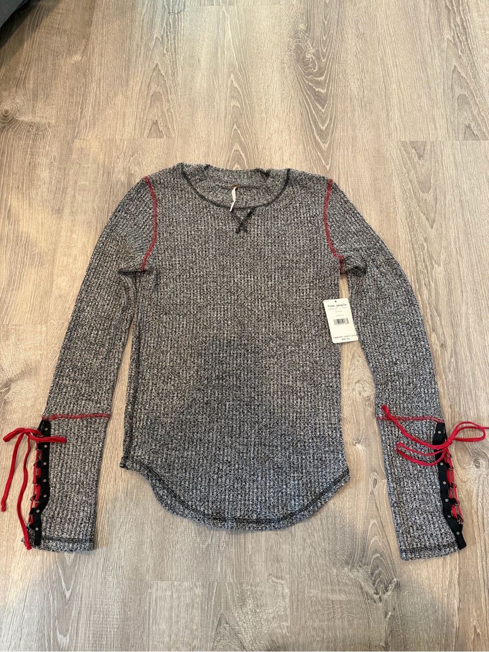 Free People Thermal Top Lace Up Cuffs Size L Black Gray Red